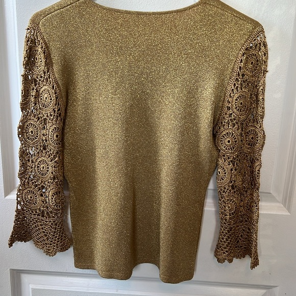 Vtg 90s Y2K gold threaded CROCHET sleeve sweater top S M disco jeans glam boho - Picture 9 of 9